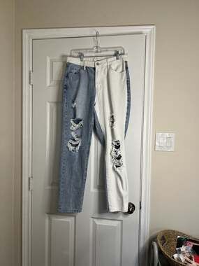 Vervet Super High Rise Split Two Tone Distressed Mom Jeans